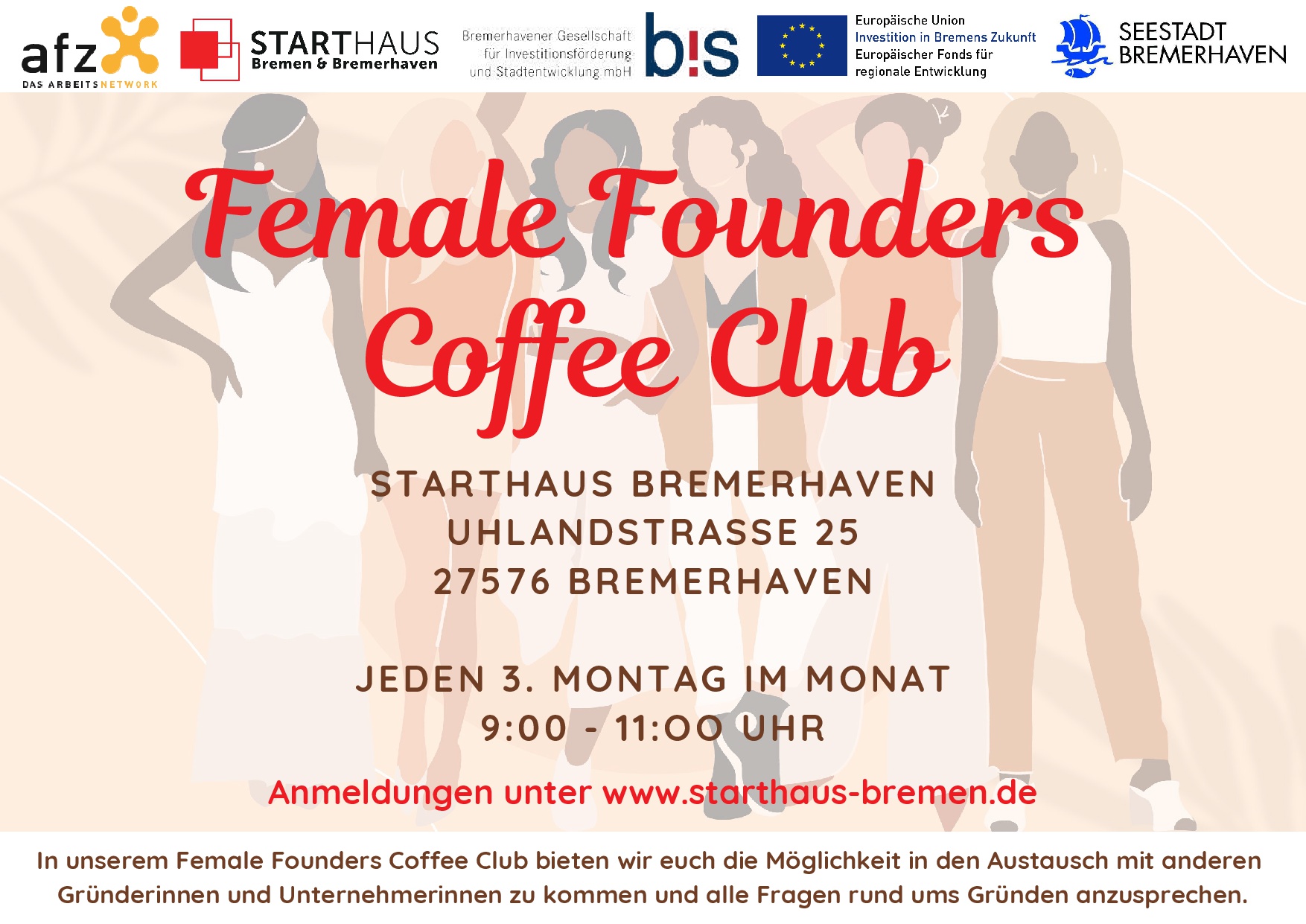 Bild mit 5 Frauen in einer Reihe und dem Ankündigungstext "Female Founders Coffee Club"